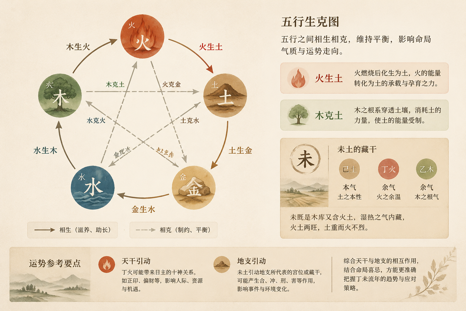 五行生克图，强调火生土、木克土等