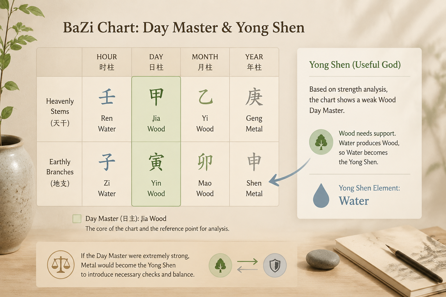 Diagram showing a BaZi chart with Day Master highlighted and a calm arrow indicating the Yong Shen element based on strength analysis.
