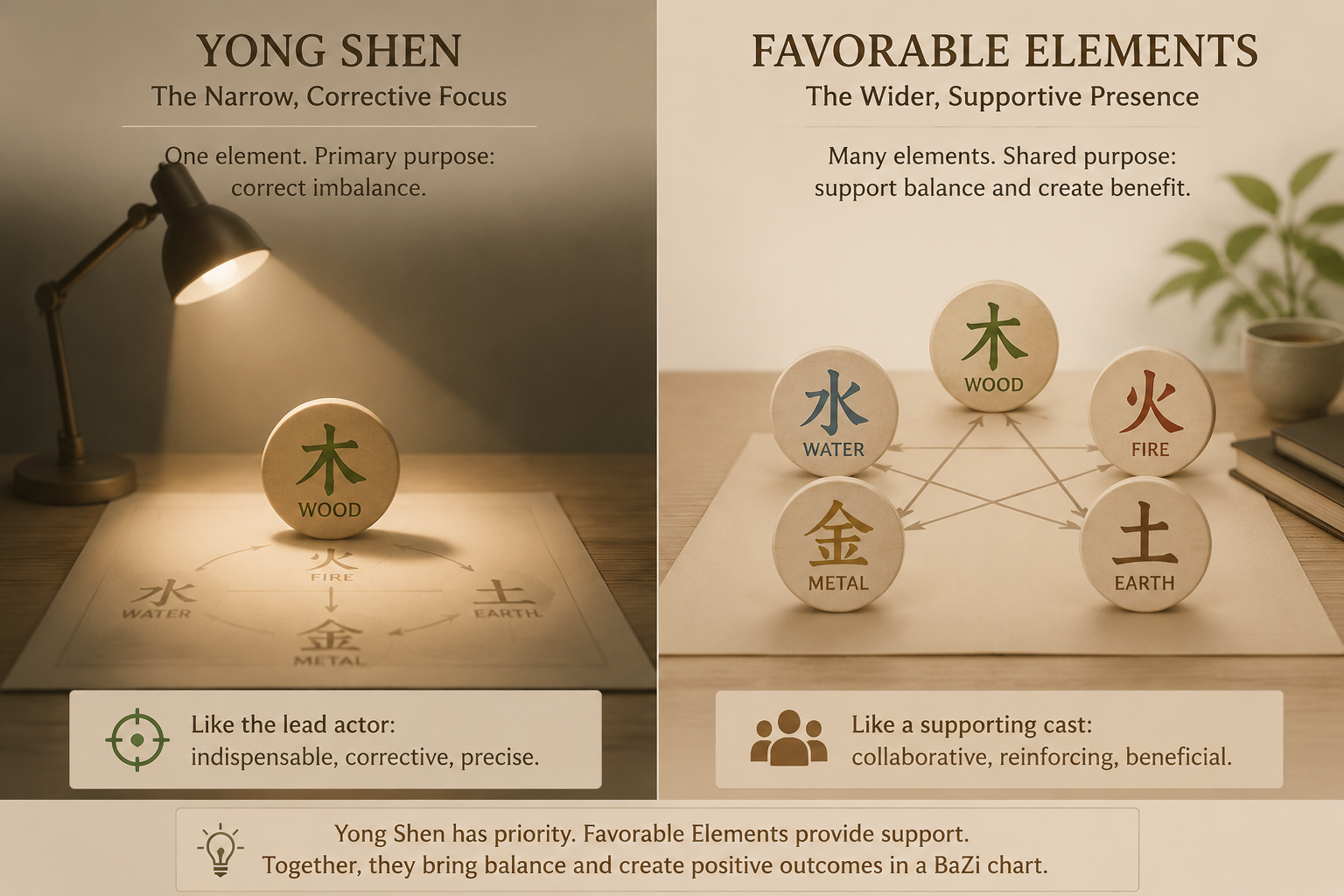 A split panel illustrating the narrow, corrective focus of Yong Shen on one side and the wider, supportive presence of Favorable Elements on the other, in restrained warm tones.