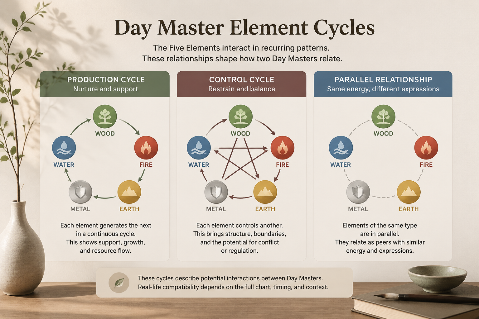 Diagram showing Day Master element cycles with arrows for production, control, and parallel relationship categories