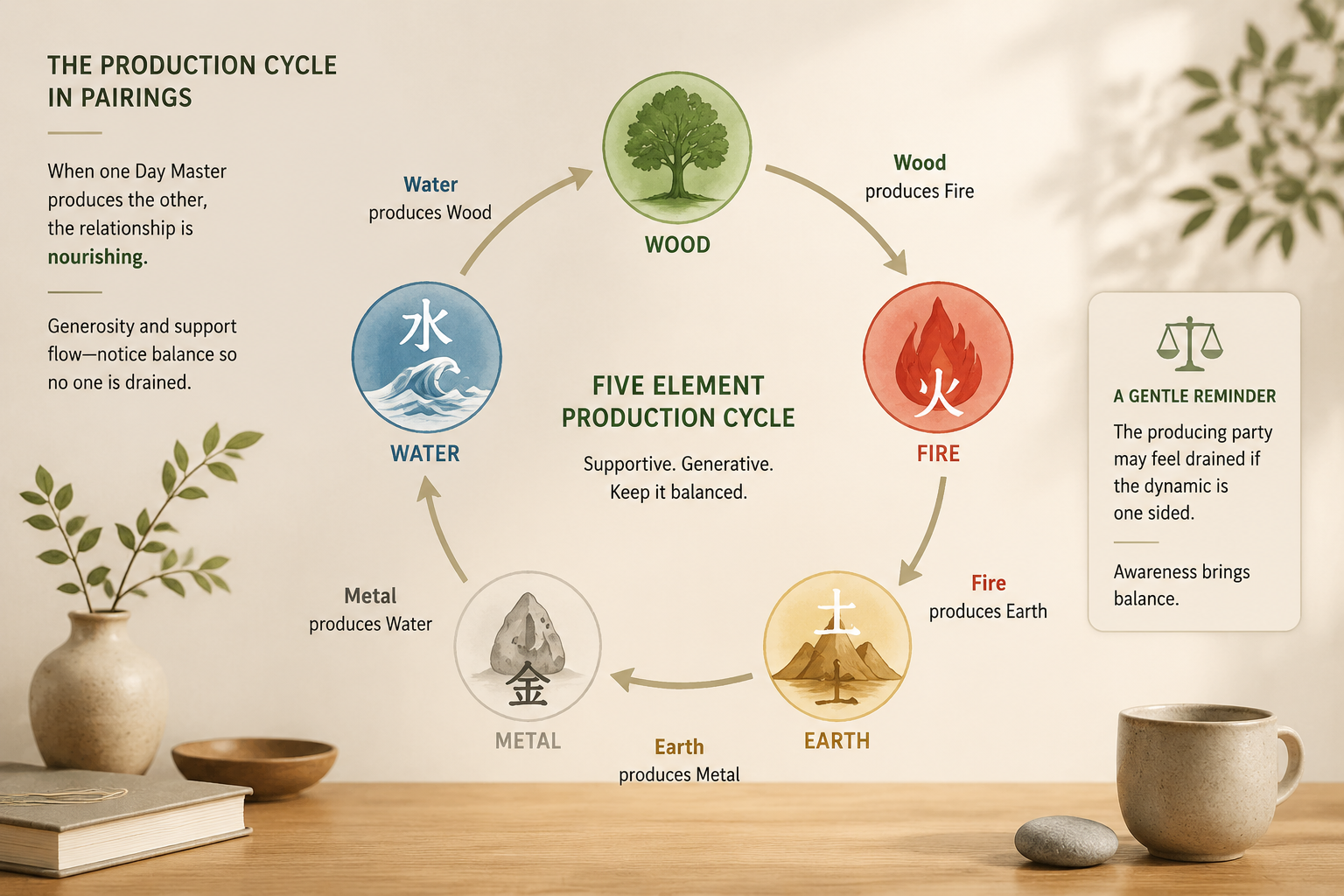Five-element production and control cycles visualized as a simple flowing wheel with annotations for producing and controlling relationships