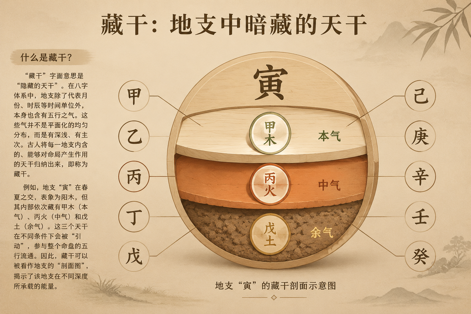 一幅平静的棕底米色插图,中间为一枚地支圆盘,剖面显示三层:上方浅色标注本气,中部为中气,底部为余气,周围用细线连接到相应的天干符号,无炫光。