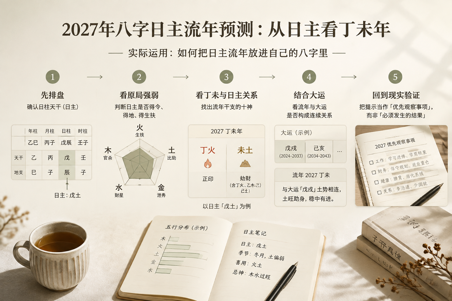 A simple five-step reading flow from birth data to day master, ten gods, luck pillar, and real-life validation