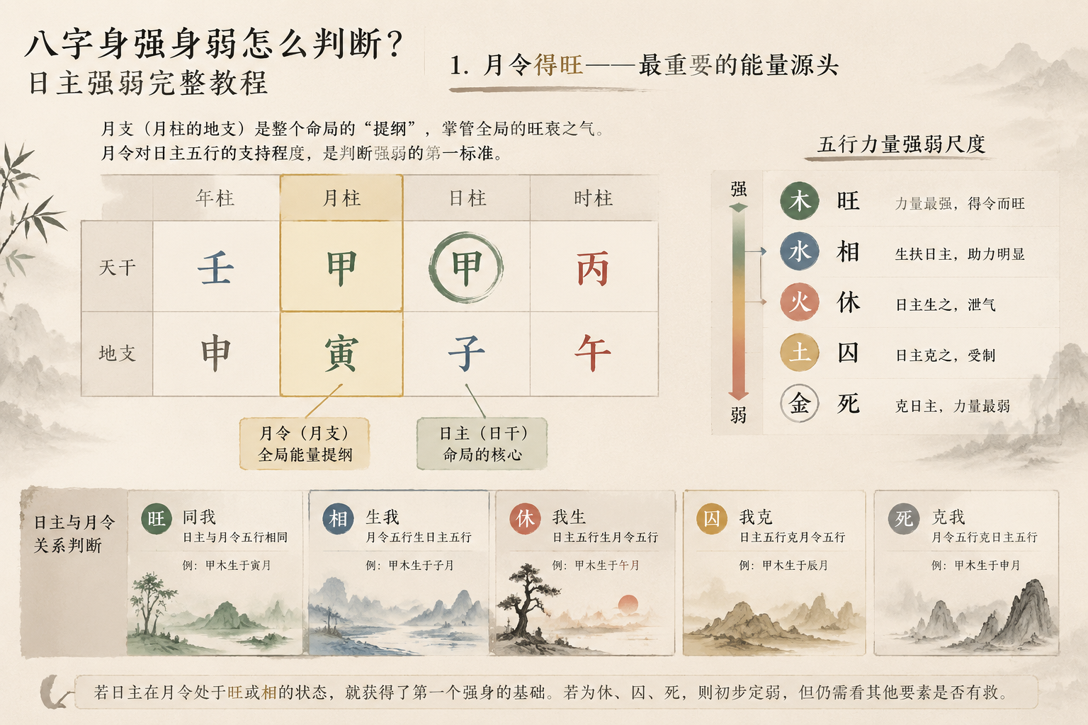 A BaZi chart diagram with the day master and month branch highlighted, ink-wash style annotations showing five elements strength scale.