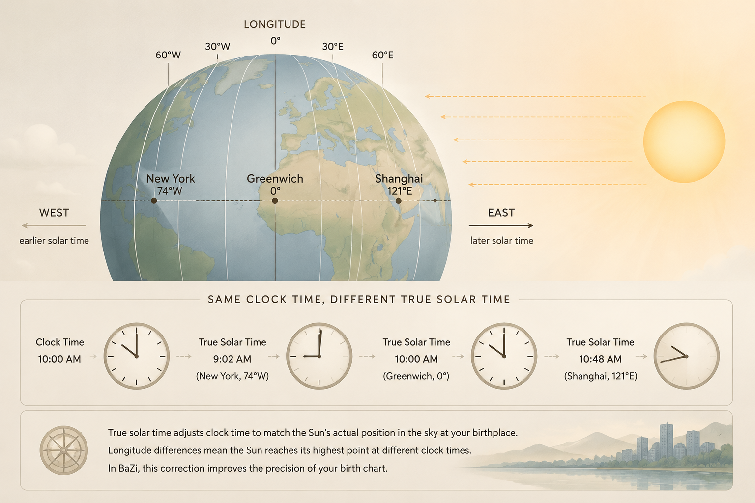 Minimal editorial diagram showing Earth longitude lines and a sun position indicator aligned with local time correction