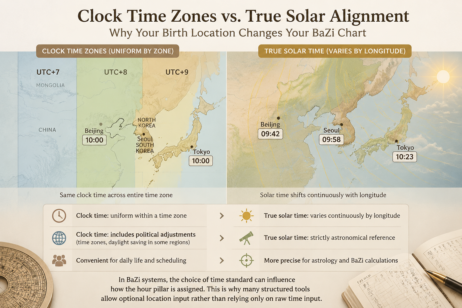 Side-by-side comparison of clock time zones vs solar alignment across a map of East Asia