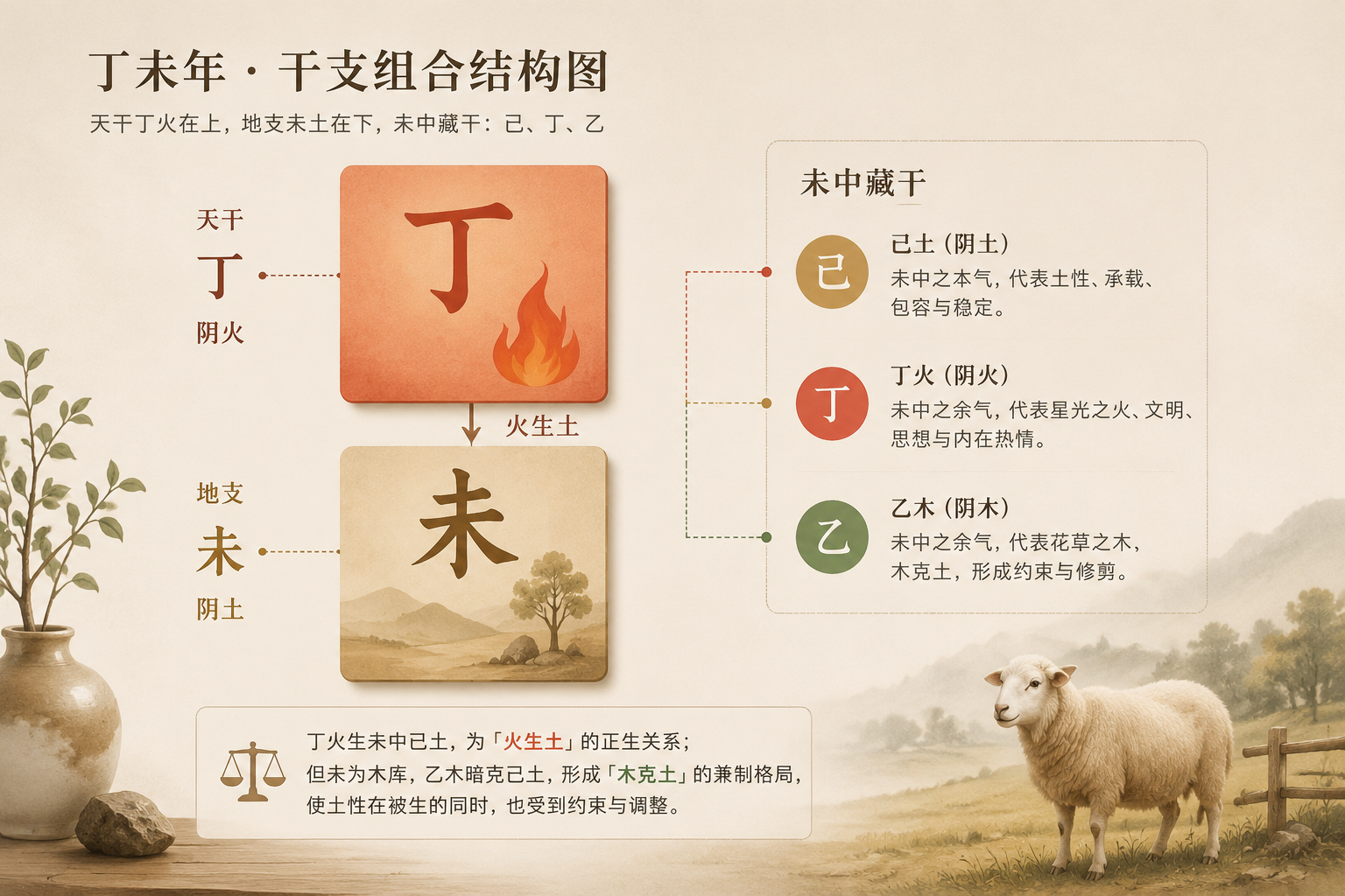 Diagram of Ding Wei stem-branch combination, showing Heavenly Stem Ding Fire above Earthly Branch Wei Earth, with hidden stems Ji, Ding, Yi illustrated.