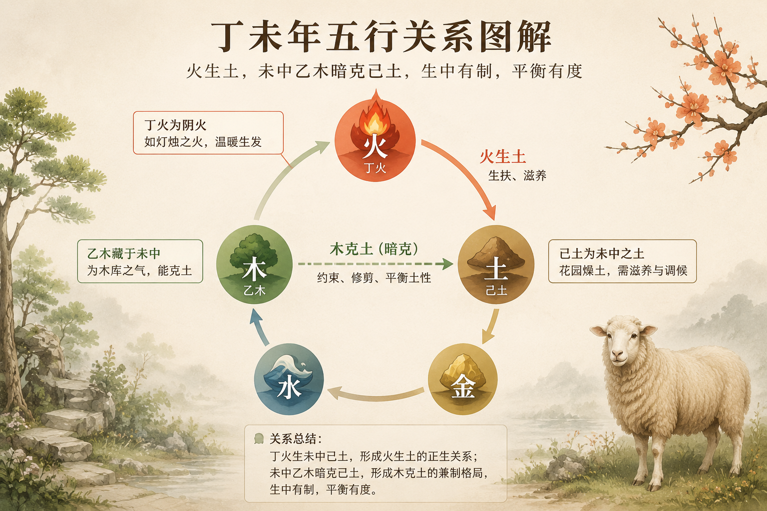 Five element relationship diagram showing fire generating earth, while wood in Wei's hidden stems controls earth, creating a balanced dynamic.