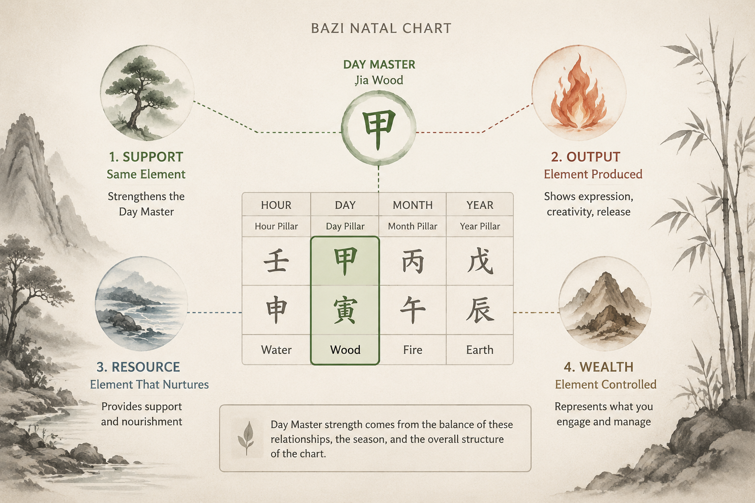 A restrained editorial diagram showing a BaZi natal chart with the Day Master stem highlighted, surrounded by four supporting element labels in muted ink-wash tones, no mystical glow.