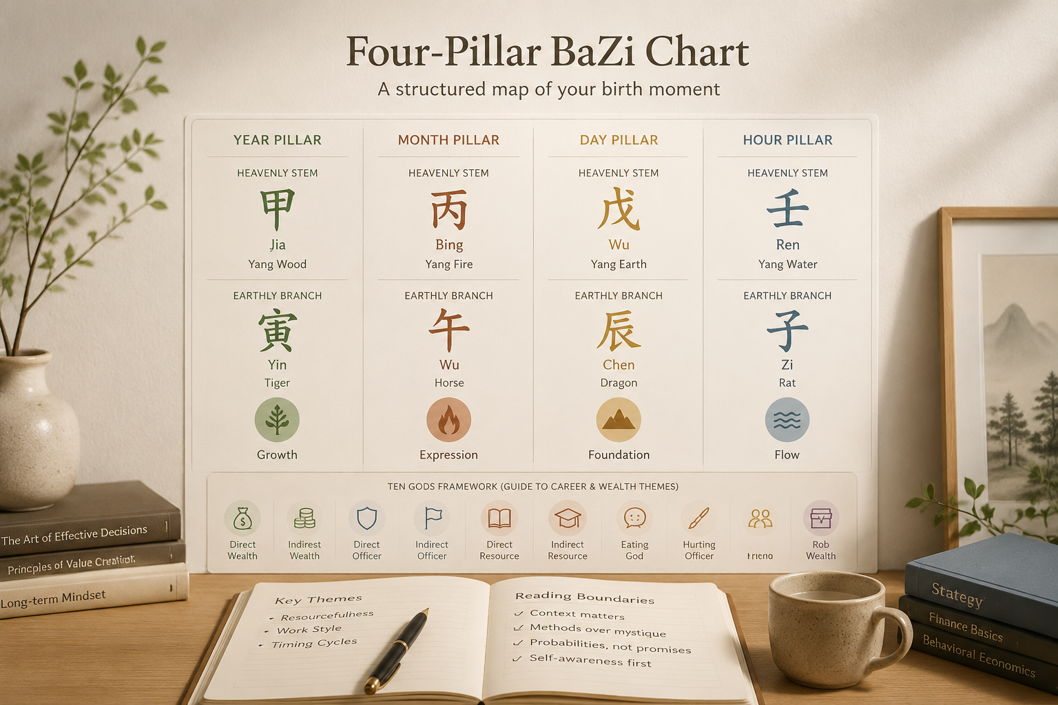 Quiet editorial diagram showing a Four‑Pillar BaZi chart with labeled stems and branches, neutral warm palette, soft light