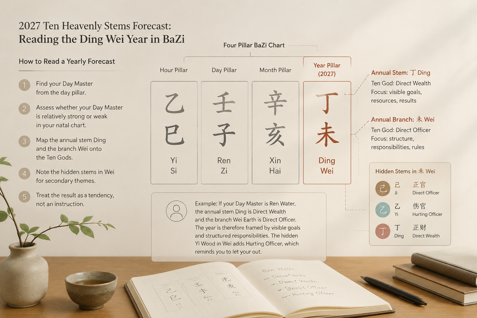 Minimal line-art illustration of a four-pillar BaZi chart with the 2027 annual pillar Ding Wei highlighted.