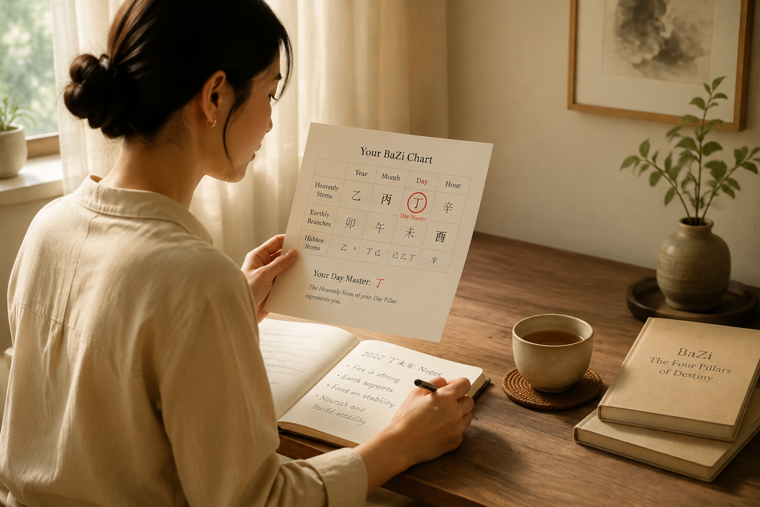 Calm illustration of a person reading a BaZi chart and journaling beside a cup of tea, warm neutral tones.