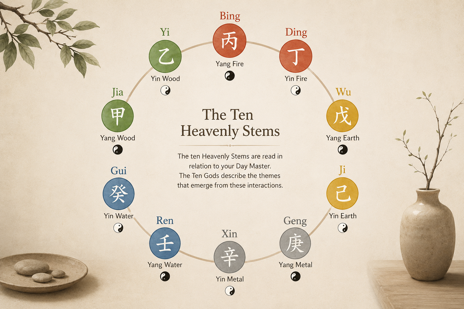 Editorial diagram of the ten Heavenly Stems arranged in a circle, with element-based colors and yin/yang markers.
