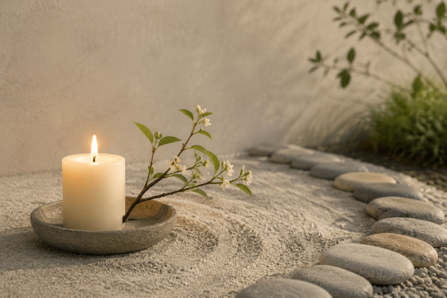 Low-contrast editorial illustration of a candle beside a small branch and a stone border, suggesting Ding Wei's warmth and grounded garden energy