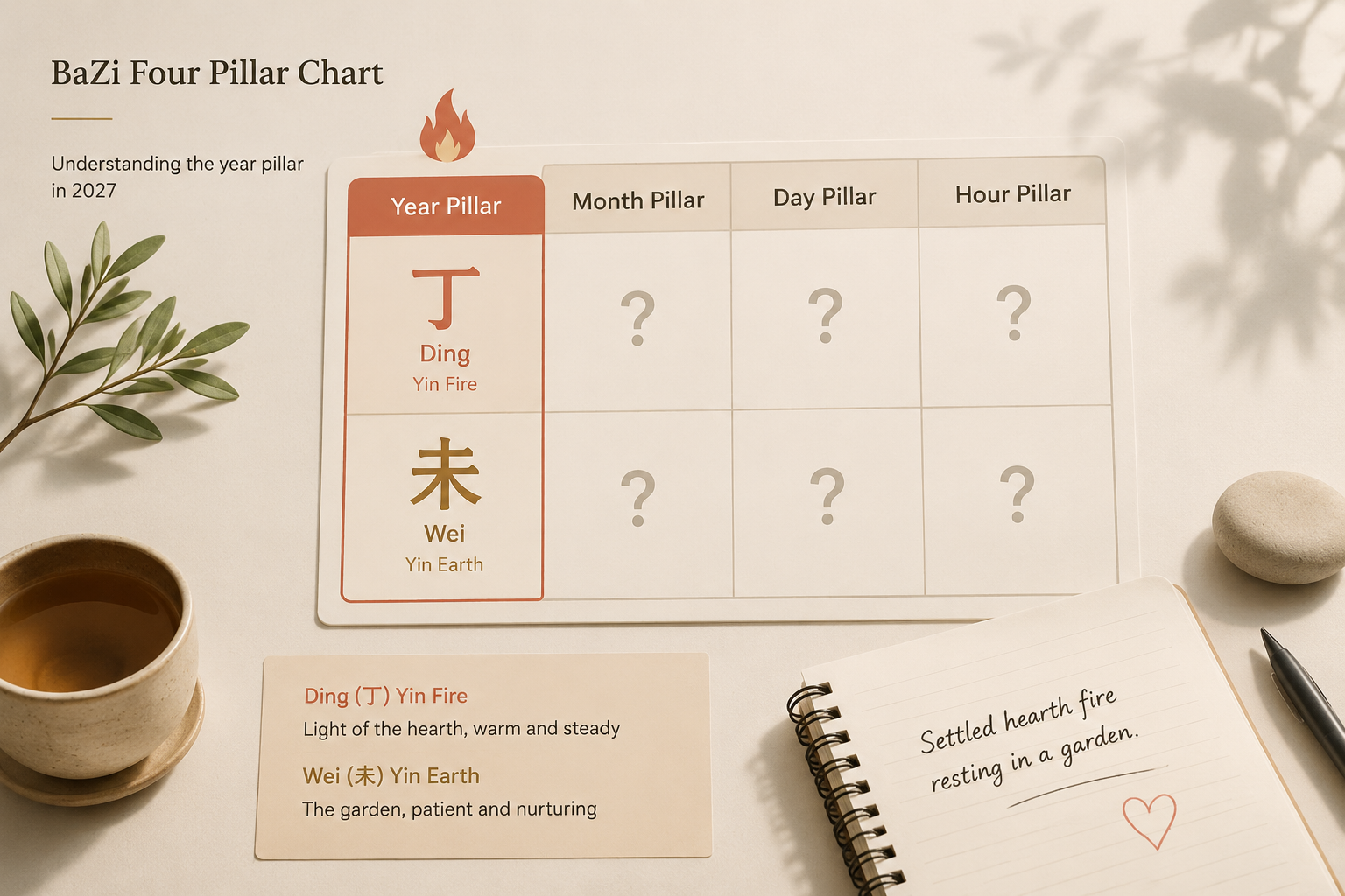 Editorial diagram of a BaZi four-pillar chart with the year pillar highlighted as Ding Wei and a small flame icon above the year column