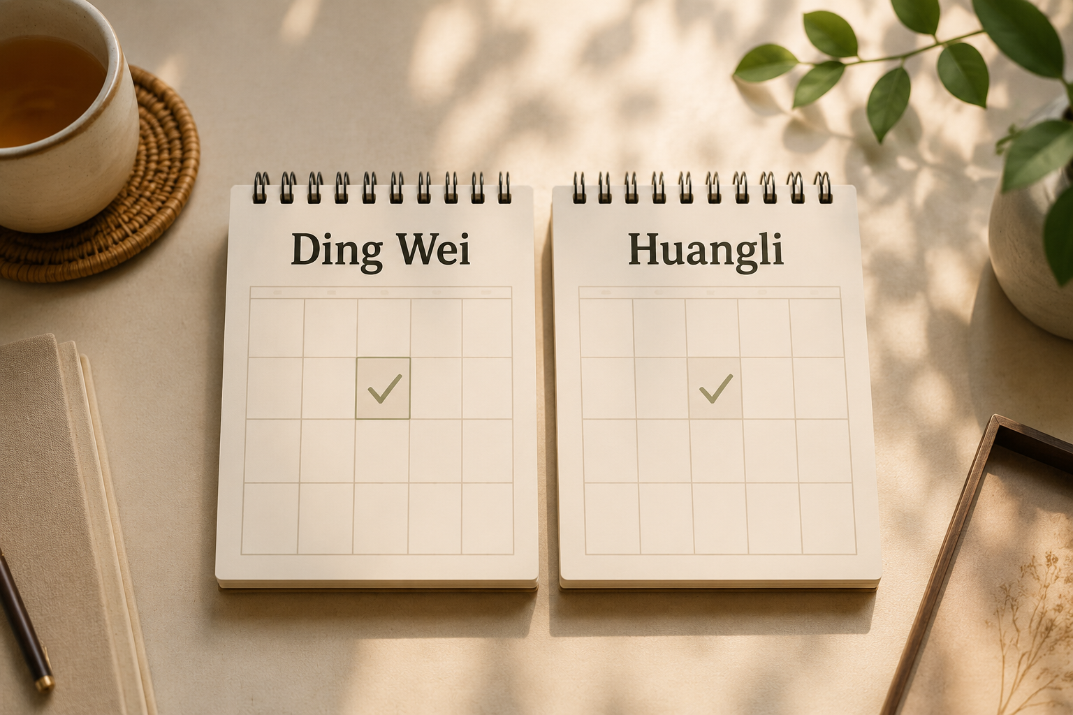 Quiet side-by-side visual of two small calendar pages labeled Ding Wei and Huangli, with a simple checkmark and no decorative excess