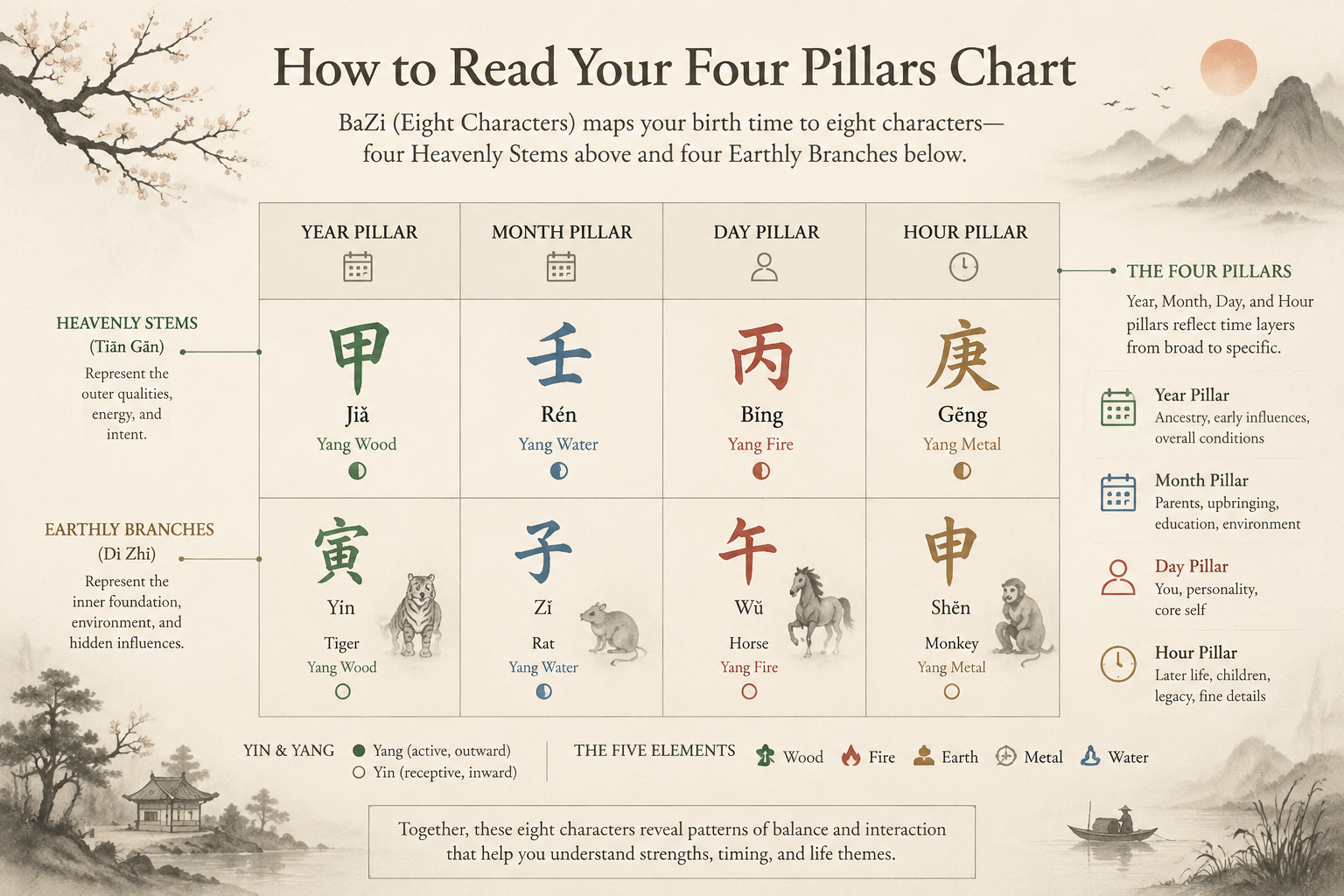A quiet editorial diagram showing the Four Pillars chart with Year, Month, Day, Hour pillars and Heavenly Stems and Earthly Branches, annotated in a restrained ink‑wash style.