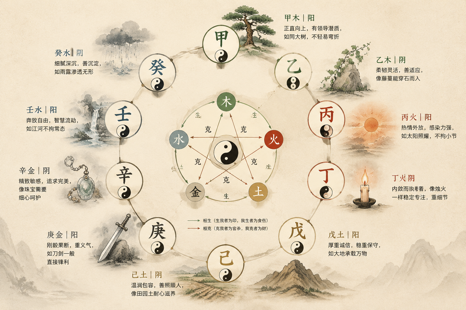 A quiet editorial illustration showing ten symbols for the Heavenly Stems arranged in a balanced circular diagram, with subtle earth tones and ink-wash texture, each symbol connected to its yin-yang and five-element nature.
